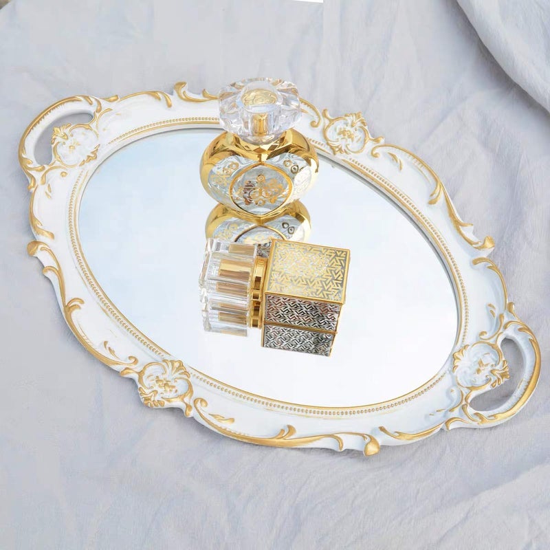 Schonee Oval Vintage Decorative Mirror Tray, Jewelry Cosmetics Makeup Dresser Storage Organizer Tray, Serving Tray (9.8â€x 14.6â€) White - Image 1